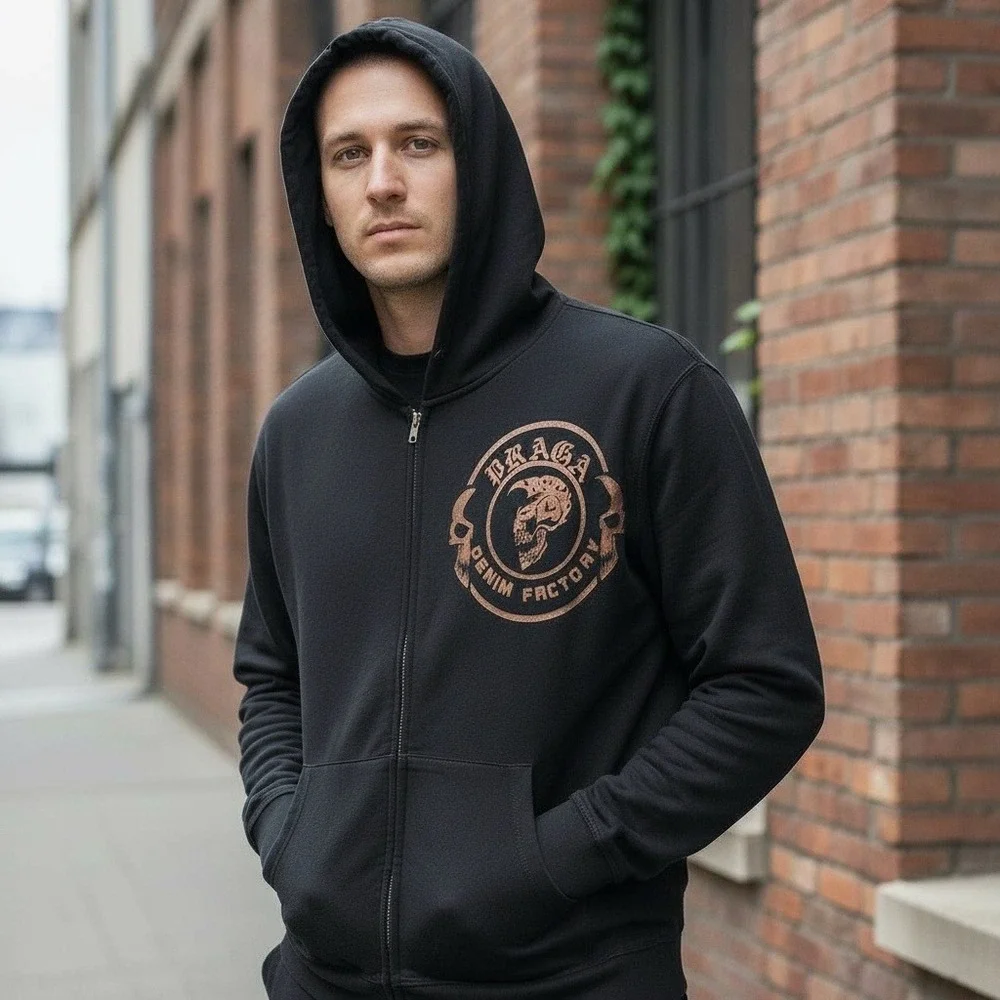 Vintage‎ Praga Denim Factory Skull Graphic Full Zip Hoodie Sweatshirt 2XL Black